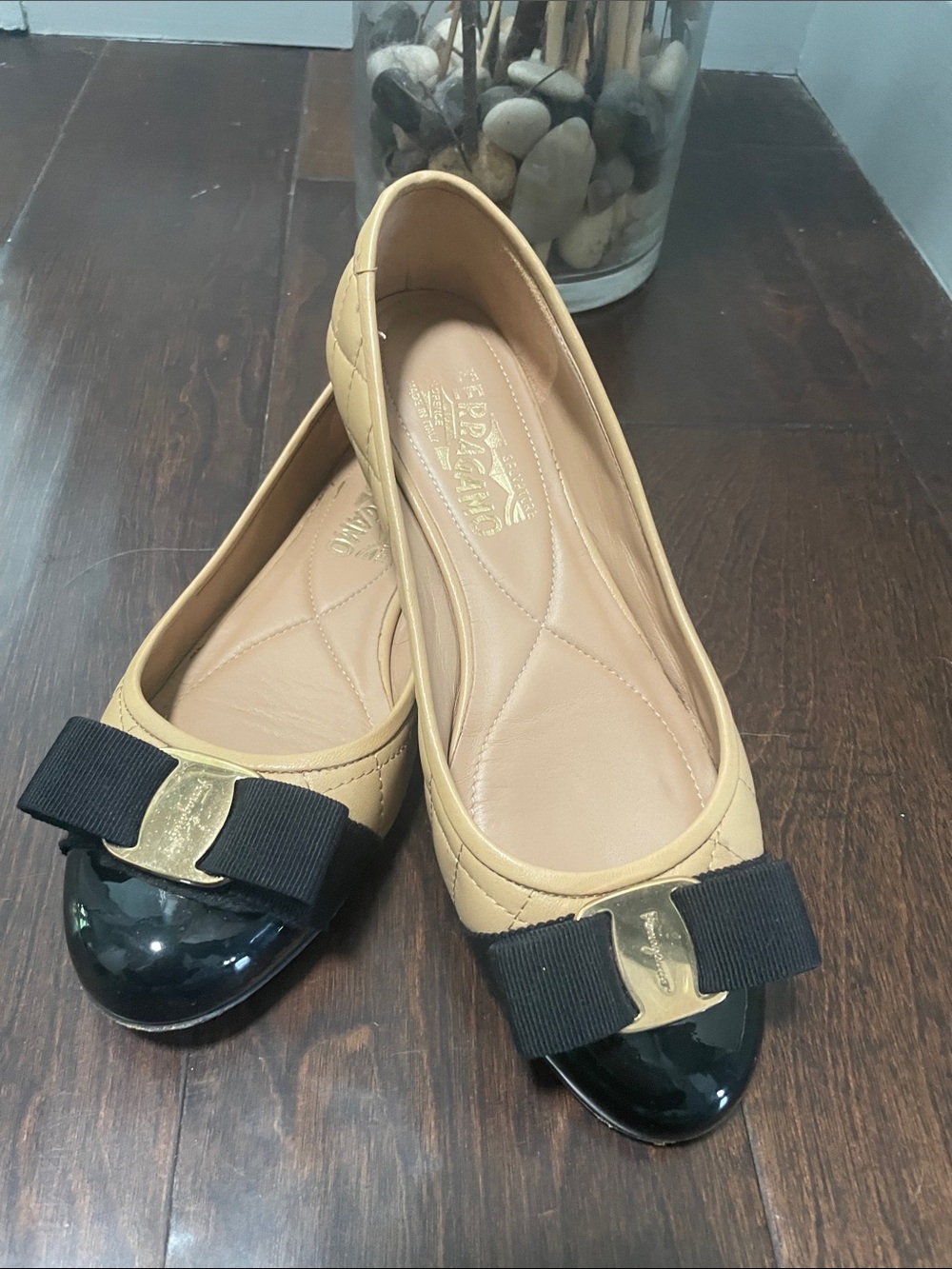 Salvatore Ferragamo Tan Leather Flats with Black Patent Toe and Grosgrain Bow